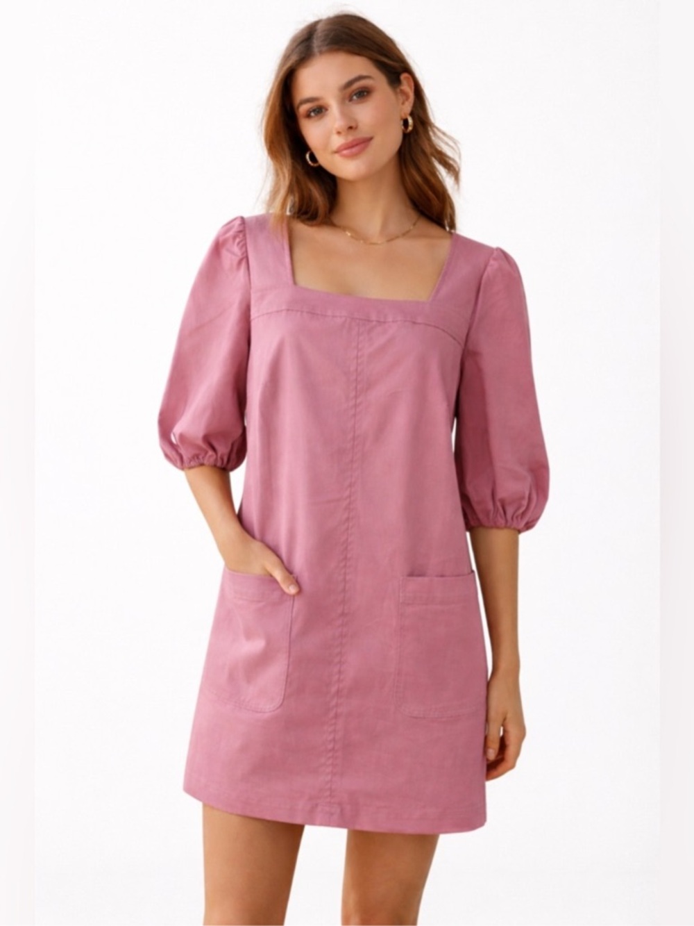 LDT Mauve Cotton Puff Sleeve Square Neck Mini Dress Size 6